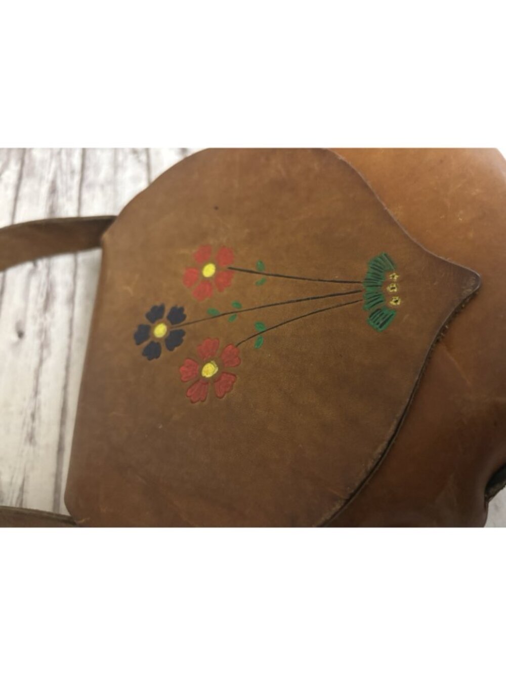Vintage 60s 70s Hand Tooled‎ Floral Brown Leather Purse Boho Hippy Bag - Picture 4 of 14